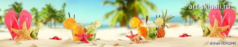 фото для скинали тропический коктейль на пляже с пальмами